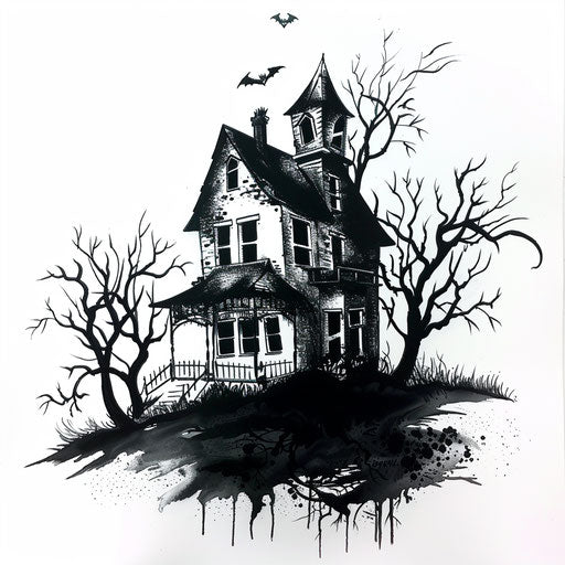 Creepy haunted house silhouette with barren trees, horror tattoo art