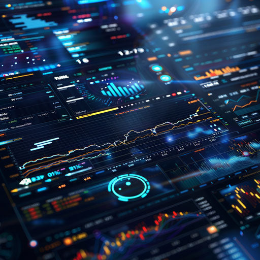 Digital cryptocurrency exchange with futuristic interfaces and real-time trading data