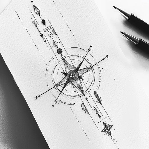 Geometric compass rose design with arrows and circles