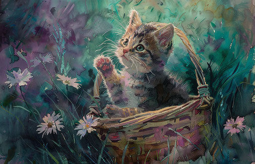 Kitten sitting on a basket in the grass, light purple and teal style