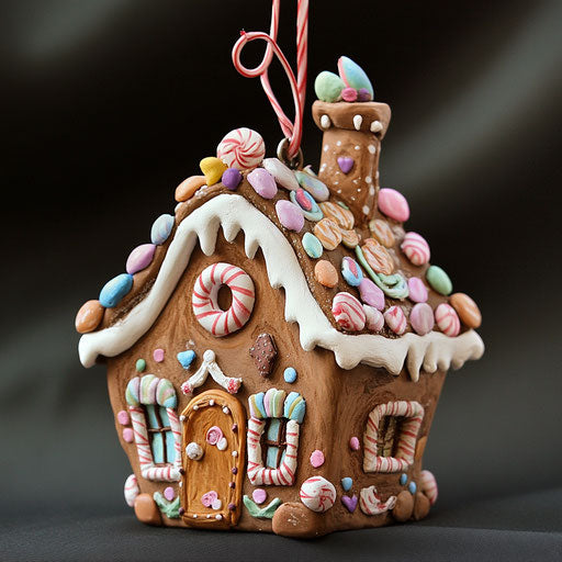 Whimsical clay ornament painted as a gingerbread house