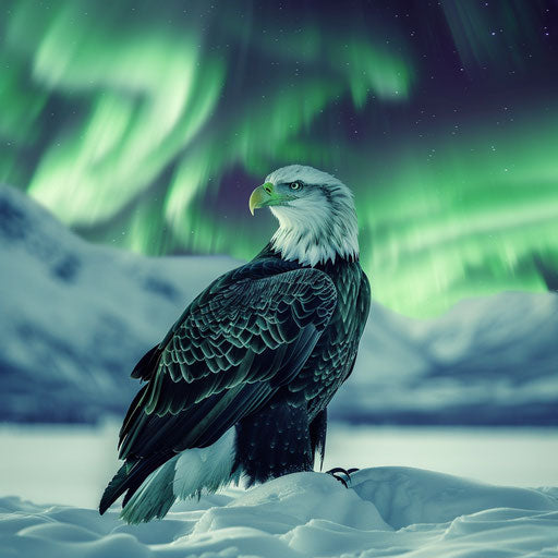 American eagle under the Northern Lights in Alaska