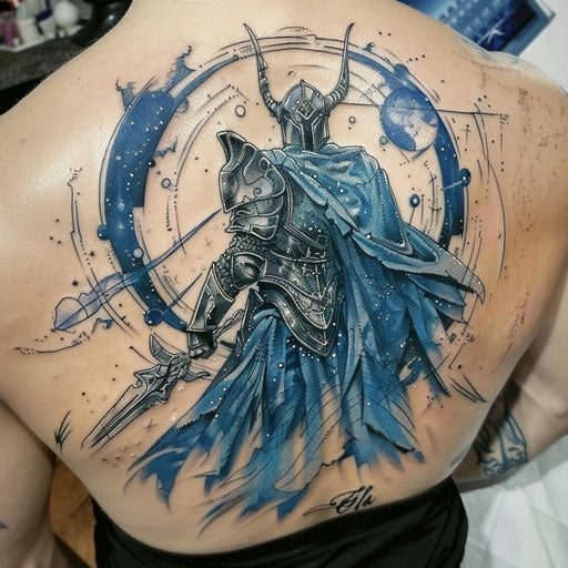 Elegant tattoo sketch of Baldur in a heroic pose