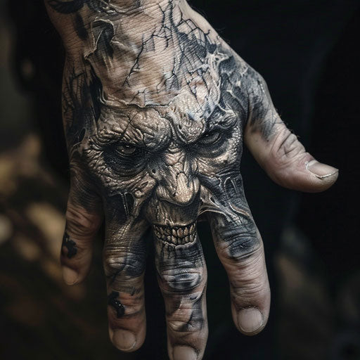 Hand tattoo for men featuring eerie demonic faces