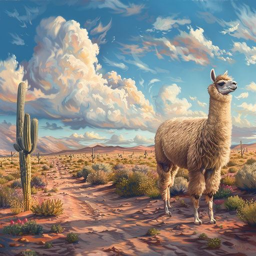 An alpaca's journey through a desert landscape