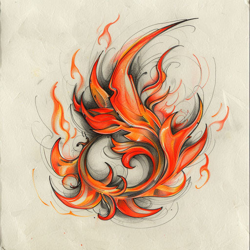 Tattoo sketch with fire motif for 666, with dynamic orange and red flames