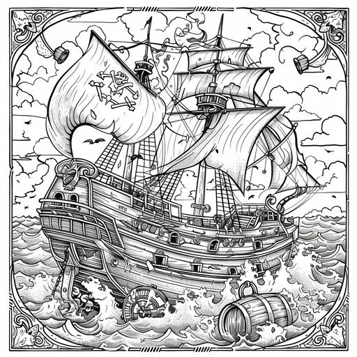 Pirate ship on stormy sea with pirates and treasure chests