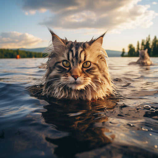 A Siberian cat swimming near the shore