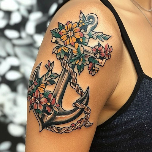 Half sleeve tattoos for women, vintage anchor with rope and flowers