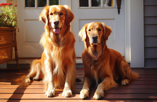 Golden retriever dogs on porch with black captivating eyes