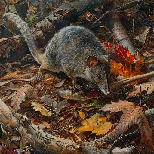 An antechinus foraging among autumn leaves