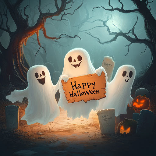 Friendly ghosts wish Happy Halloween in misty graveyard