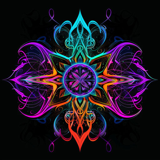 Chaos symbol in vibrant neon, flat tattoo sketch