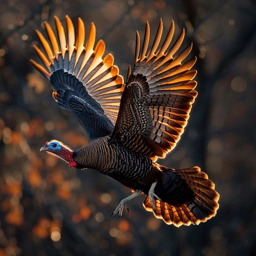 Wild turkey flying with wings outstretched