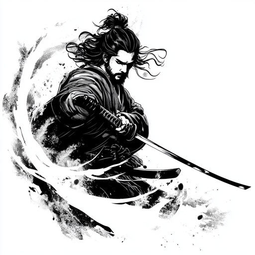 Japanese samurai tattoo sketch with dramatic wind effect
