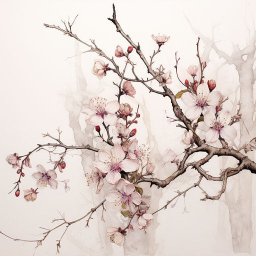 Blooms on branches in bold outline drawing