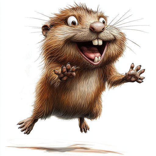 Humorous caricature of a beaver with human characteristics, exaggerated jumps, short legs, vibrant colors, cartoon style, smiling -c 40