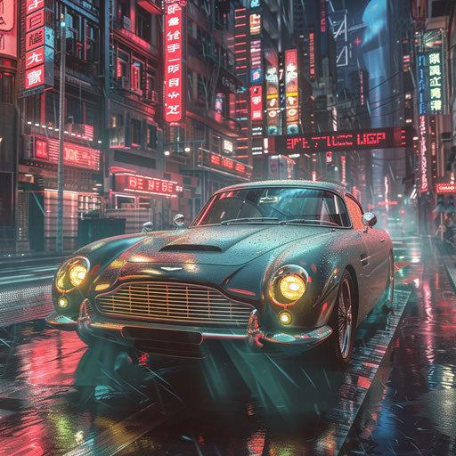 Cyberpunk Aston Martin DB6 with augmented reality windshield and neon accents, navigating through a dystopian cityscape