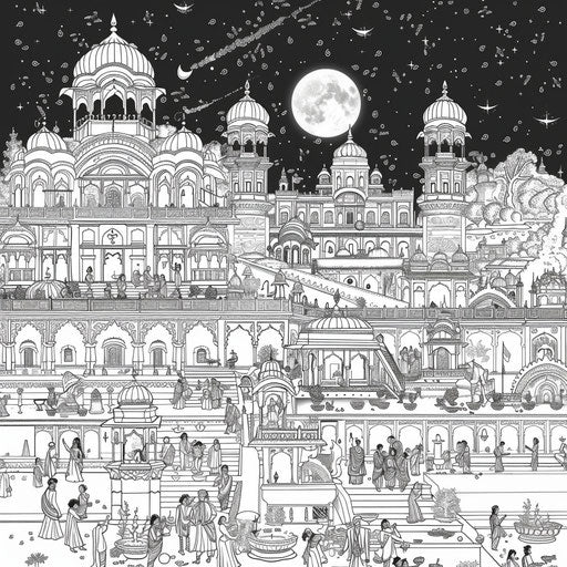 Diwali night with lit up temples - Coloring book page