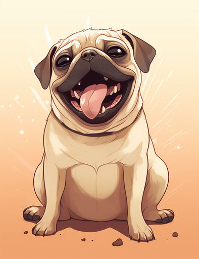 Pug dog sitting on ground with red tongue