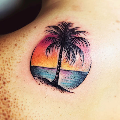 Vibrant sunset tattoo design with palm tree silhouette