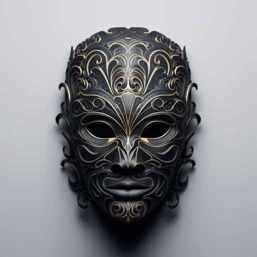 Black mask on white background, Maori-inspired art, angelic photo