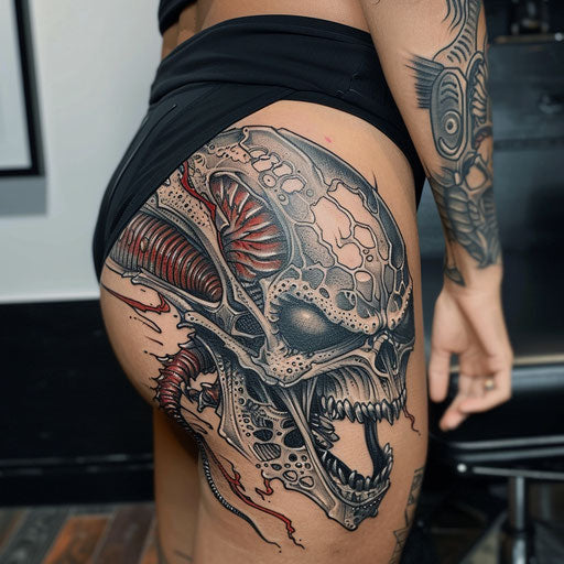 Hip tattoo of an alien, Humberto Ramos style