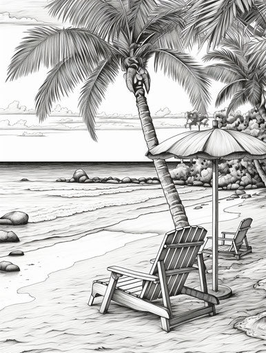 Ocean scene with palm trees and umbrella