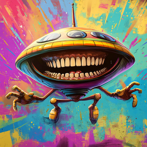 Humorous caricature of an UFO with human characteristics