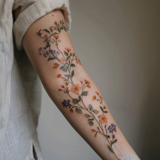 Wildflower vine tattoo, wrapping around arm, soft colors, organic design