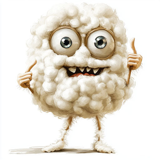 Humorous caricature of a cotton clipart with exaggerated big eyes