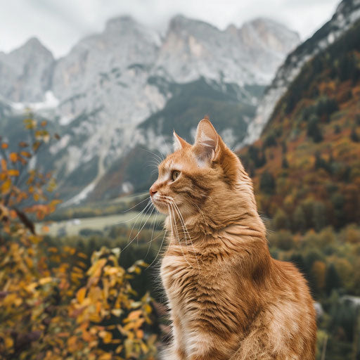 Brown cat sitting in front of mountain scenery