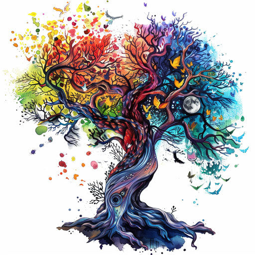 Surreal tree of life tattoo illustration with dream-like elements and colors