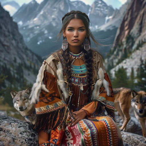 Stunning Native American woman with mountains and wolves
