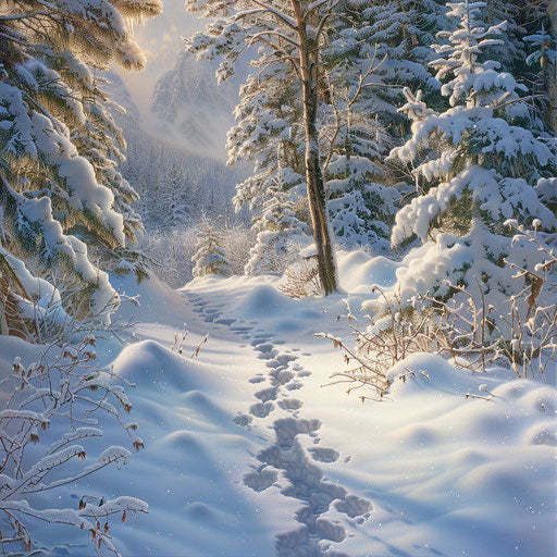 Snowy forest landscape with wildlife tracks