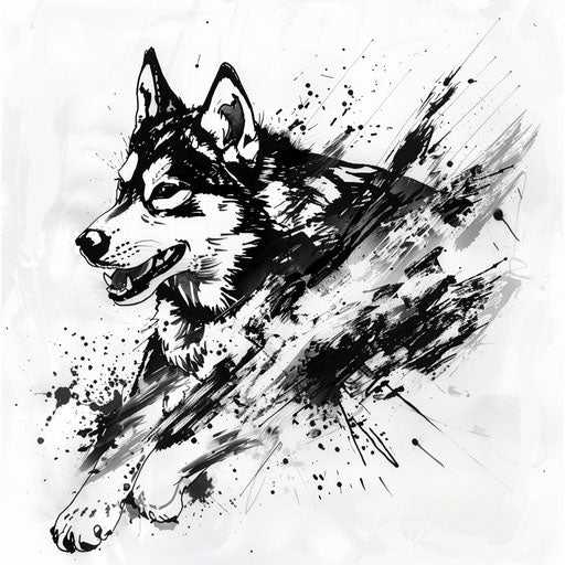 Dynamic flat tattoo sketch of a husky running with abstract splashes