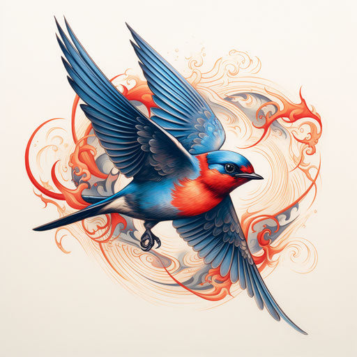 Blue and red swallow bird drawing for sale, classic tattoo style