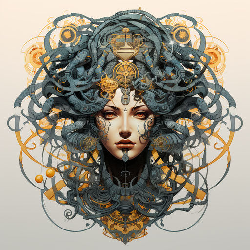 Black Aphrodite goddess medusa medusa face with snakes, head of pagan lady, geometric circle, in the style of ink and color, h.p. lovecraft, geometric balance