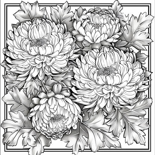 Detailed floral pattern with chrysanthemums and autumn leaves