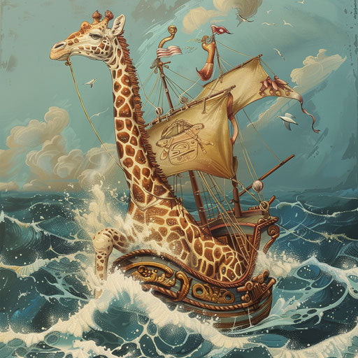 A giraffe sails the high seas on an adventurous voyage