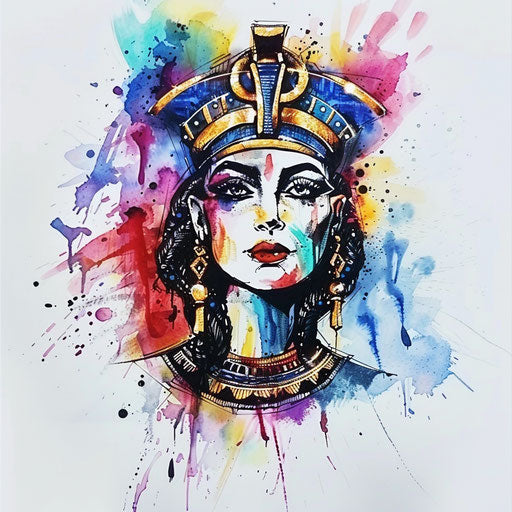 Watercolor style Cleopatra tattoo stencil with flowing colors on a white base.