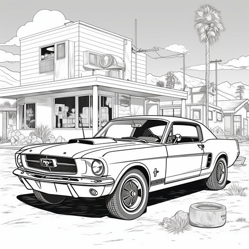 Vintage comic style coloring page with car in vintage vibe