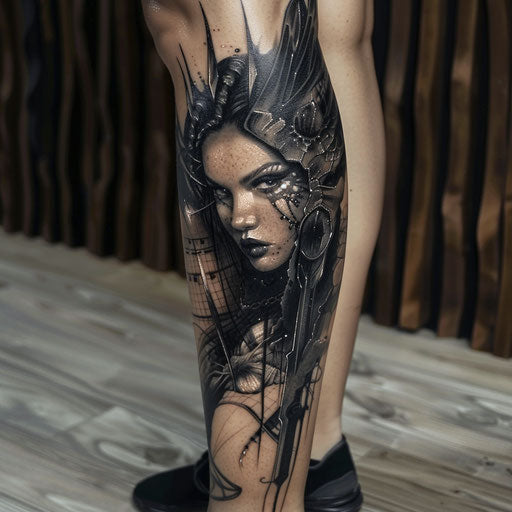Leg tattoos for women in the style of David Palumbo with a dark, fantasy theme