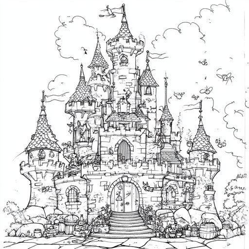 Humorous princess castle with quirky characters
