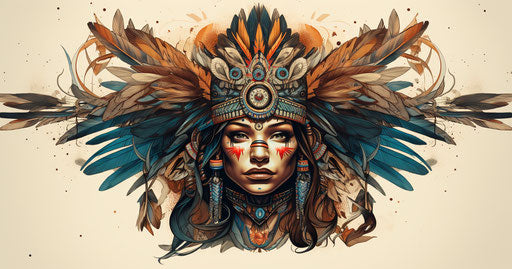 Lady in headdress, classic tattoo style, aztec art