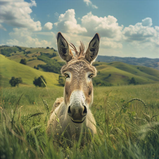Donkey braying in a field with rolling hills, Elke Vogelsang style