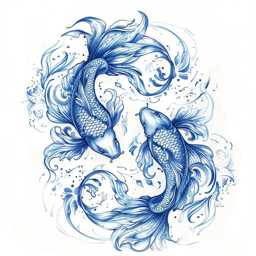 Pisces zodiac flat tattoo sketch with two fish, in a swirling, dreamy blue clipart style