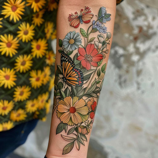 Women's forearm tattoos inspired by Maria Sibylla Merian botanical style