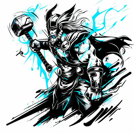 Bold outline tattoo sketch of Thor with Mjolnir in clipart style