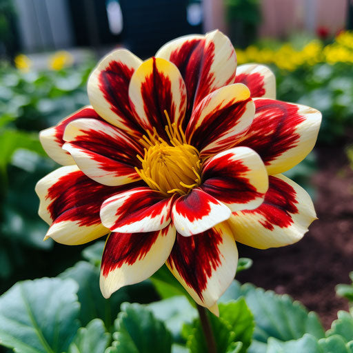 Yellow striped flower in a planting bed, dark red and light red, mythic symbolism